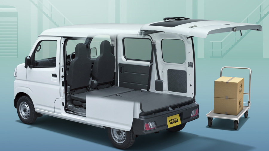Toyota Pixis Van BEV rear cargo area with doors open showing flat load floor and 350kg payload capacity